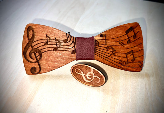 Music wooden bow tie and pin